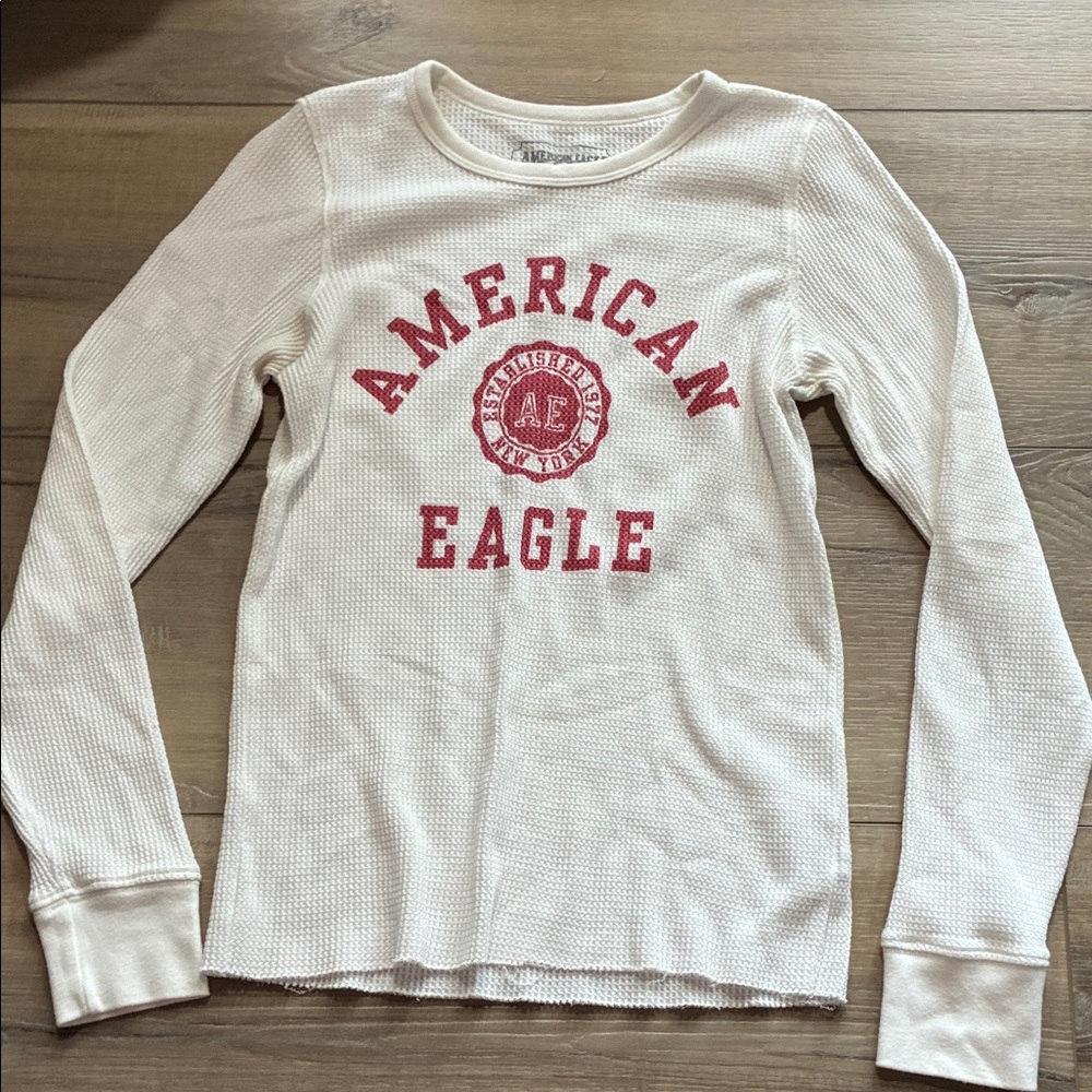 American Eagle White & Red Thermal Long Sleeve Top Size S